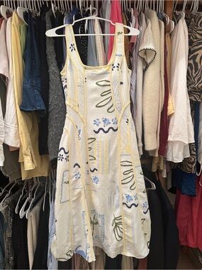 Caroline Constas White Midi Dress with Yellow, Blue and Olive Print